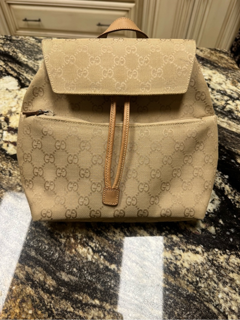 Gucci Tan Monogram Canvas Backpack with Leather Trim